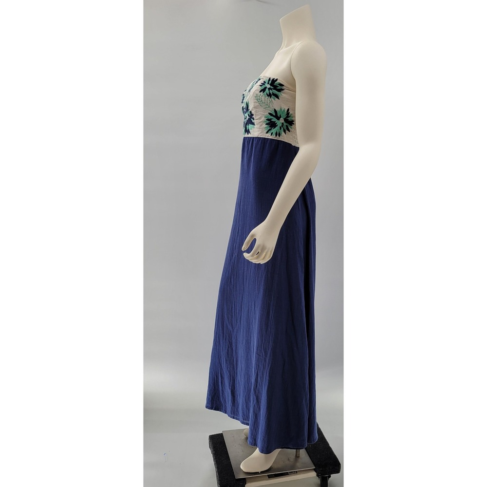 Missy Robertson Strapless Maxi Dress Large Blue Embroidered Floral Boho Summer